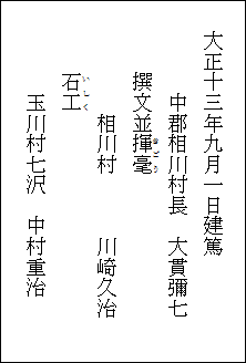 相川中学校北側　大震災記念碑の碑文　正面