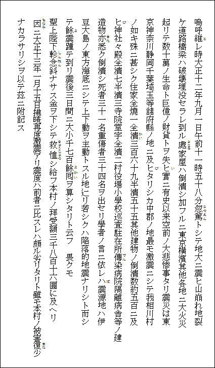 相川中学校北側大震災記念碑の碑文　正面