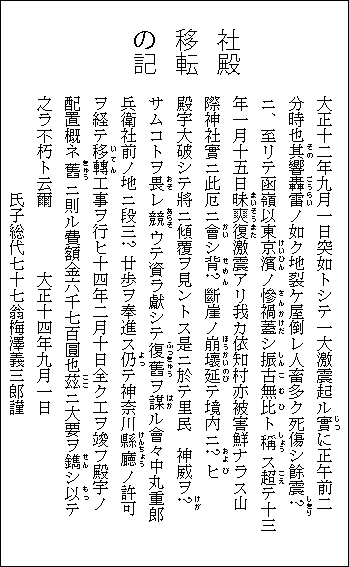 三嶋神社の復興記念碑の碑文　正面