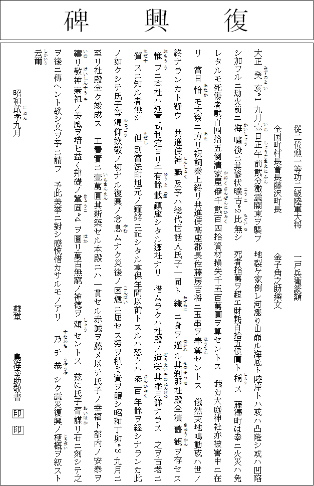 大庭神社の復興碑の碑文