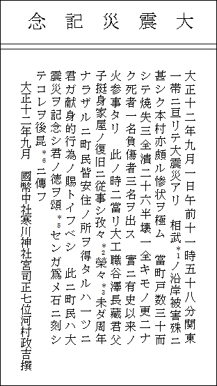 大震災記念碑の碑文（正面）