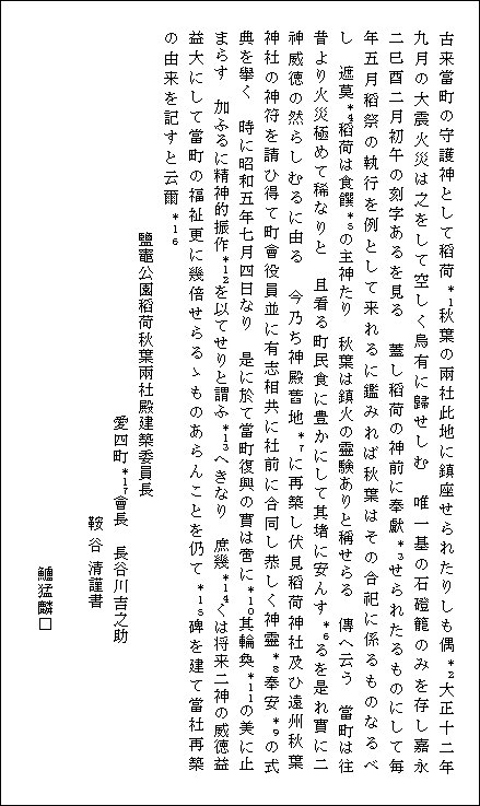 稲荷神社秋葉神社 縁起碑の碑文（正面）