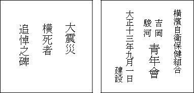 大震災横死者追悼之碑の碑文　正面と背面