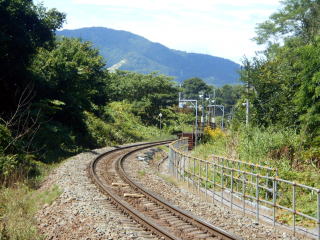 カーブした線路の先には東山のホームがぽつんと存在する。