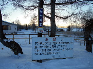 茅沼の駅構内にある、タンチョウヅルの観察時のお願い。