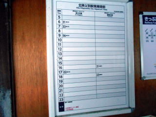 北秩父別の発車時刻表。列車での訪問機会は朝と夕方しかない。