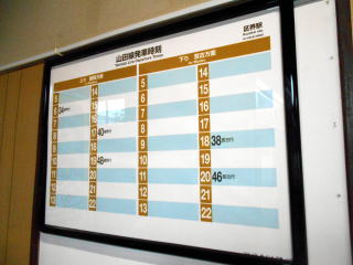 区界の発車時刻表。無人化され、快速リアスも通過になってさらに閑散となったダイヤである。