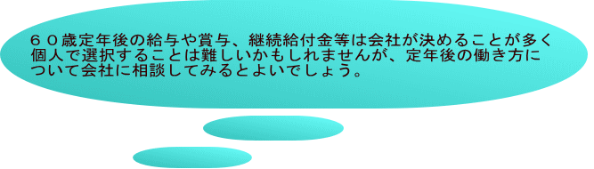 ６０歳定年後の給与や賞与、継続給付金等は会社が決めることが多く 個人で選択することは難しいかもしれませんが、定年後の働き方に ついて会社に相談してみるとよいでしょう。  