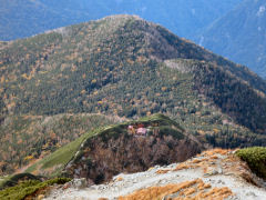 ぽつぽつと紅葉した山をバックに盛り上がった山の上のハイマツが広がる中に建つ塩見小屋を見下ろす