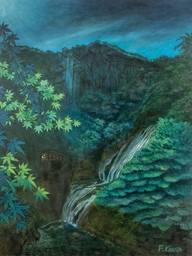 絵　岩壁と袋田の滝