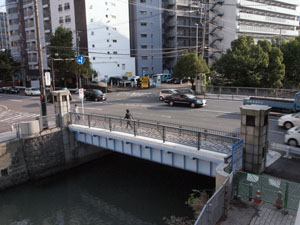 写真19　石崎川プロムナードの人道橋より、高島橋を下流側から望む