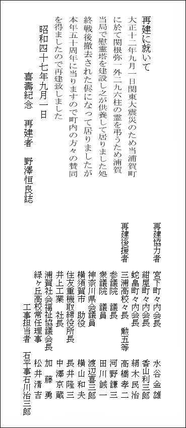 関東大震災慰霊塔の碑文（背面）