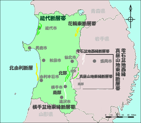 秋田県の活断層マップ