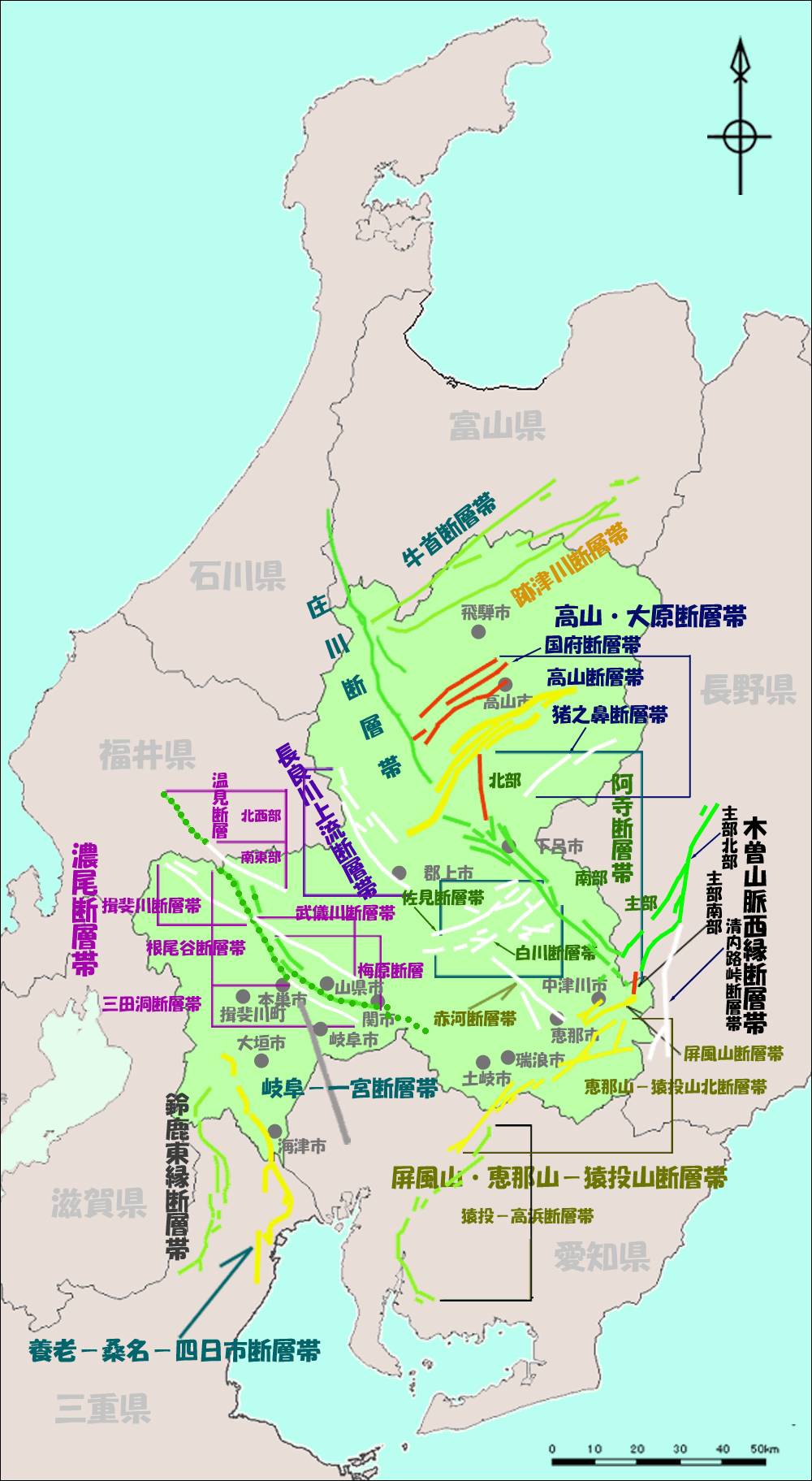 岐阜県の活断層マップ