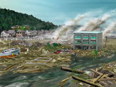 絵7　津波来襲直後の爪跡および破壊されずに残ったコンクリート建物