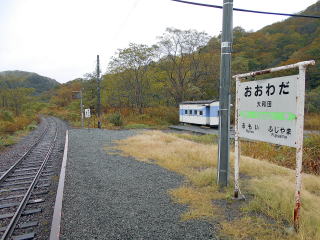 大和田のホームと駅名標。対抗式からの棒線化が多い中、大和田は島式ホームからの棒線化となっている。