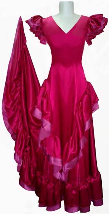 生地はサテンポリ100%ファルダは変形山型5段フリルが特徴の赤水玉フラメンコ衣装ツーピース。